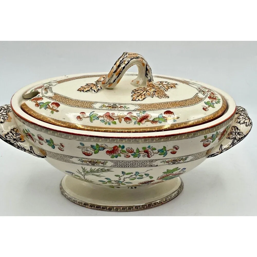 Rare Antique Copeland Indian Tree Tureen w/ Handles Spoon Notch 8x5x4